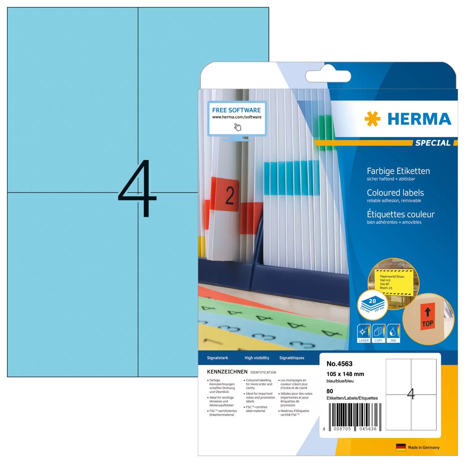 HERMA 4563 - Blau - Rechteck - A4 - Universal - Matte - Laser/Inkjet