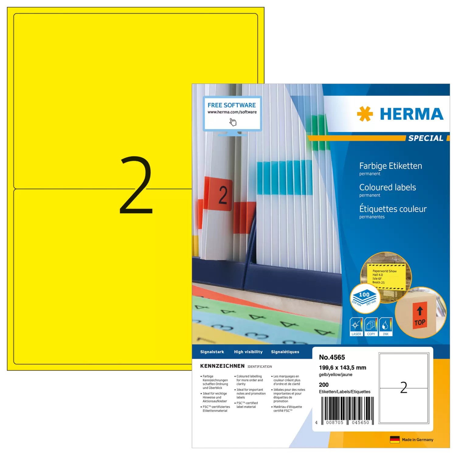 HERMA 4565 - Gelb - Rechteck - A4 - Universal - Matte - Laser/Inkjet