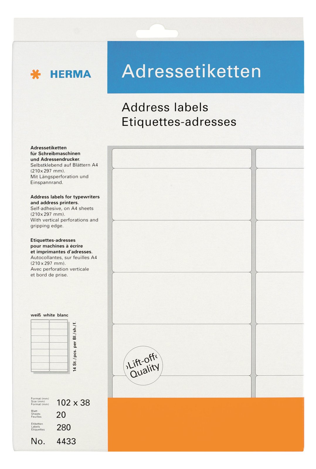 HERMA Papier - matt - permanent selbstklebend - perforiert - weiß - 102 x 38 mm 280 Etikett(en) (20 Bogen x 14)