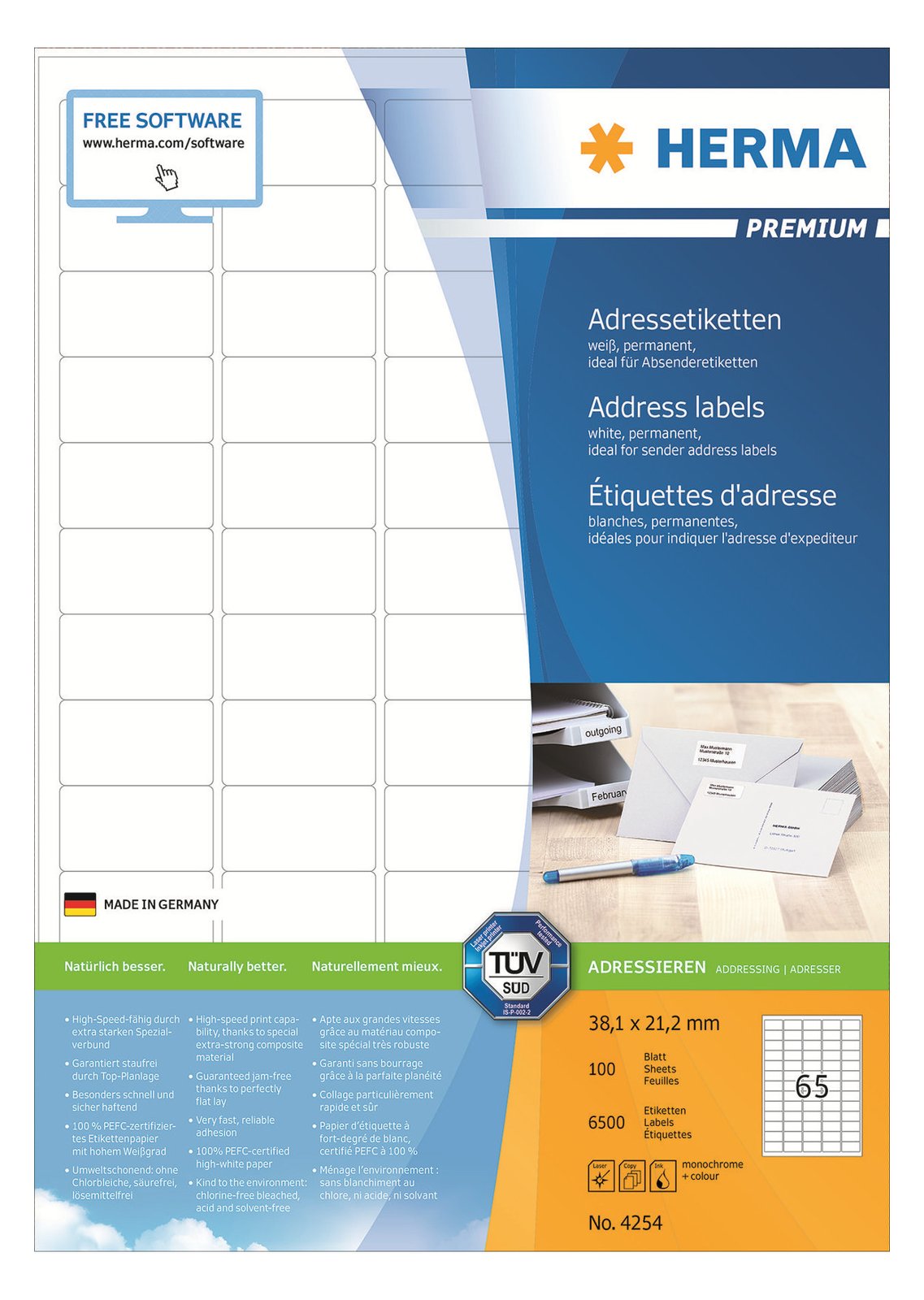 HERMA Premium - Papier - matt - permanent selbstklebend - High White - 38.1 x 21.2 mm 6500 Etikett(en) (100 Bogen x 65)