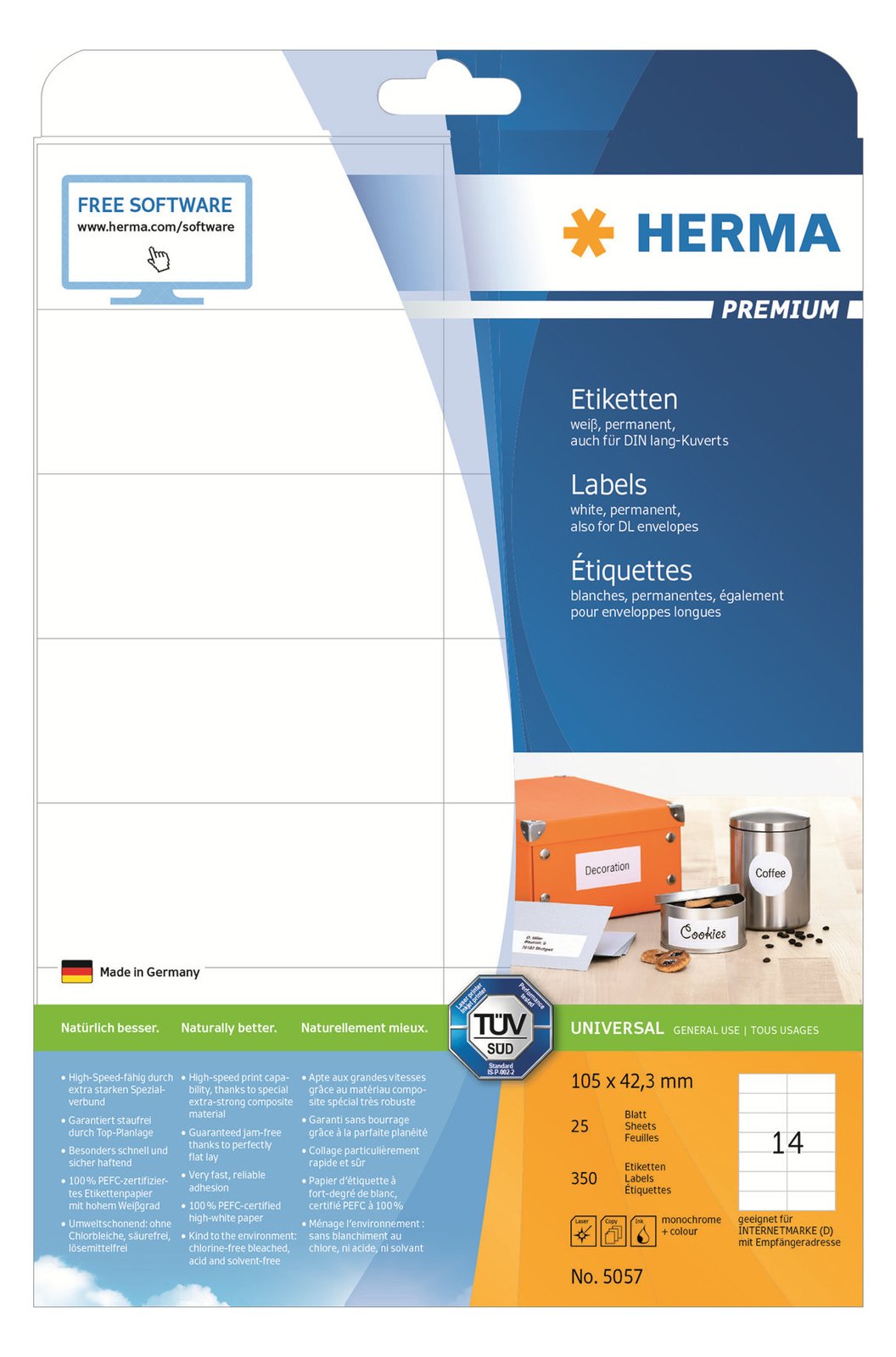 HERMA Premium - Papier - matt - permanent selbstklebend - weiß - 105 x 42.3 mm 350 Etikett(en) (25 Bogen x 14)