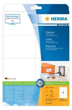 HERMA Premium - Papier - matt - permanent selbstklebend - weiß - 105 x 74 mm 200 Etikett(en) (25 Bogen x 8) von LumaTech
