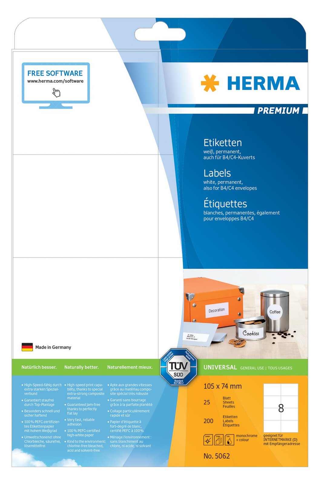 HERMA Premium - Papier - matt - permanent selbstklebend - weiß - 105 x 74 mm 200 Etikett(en) (25 Bogen x 8)