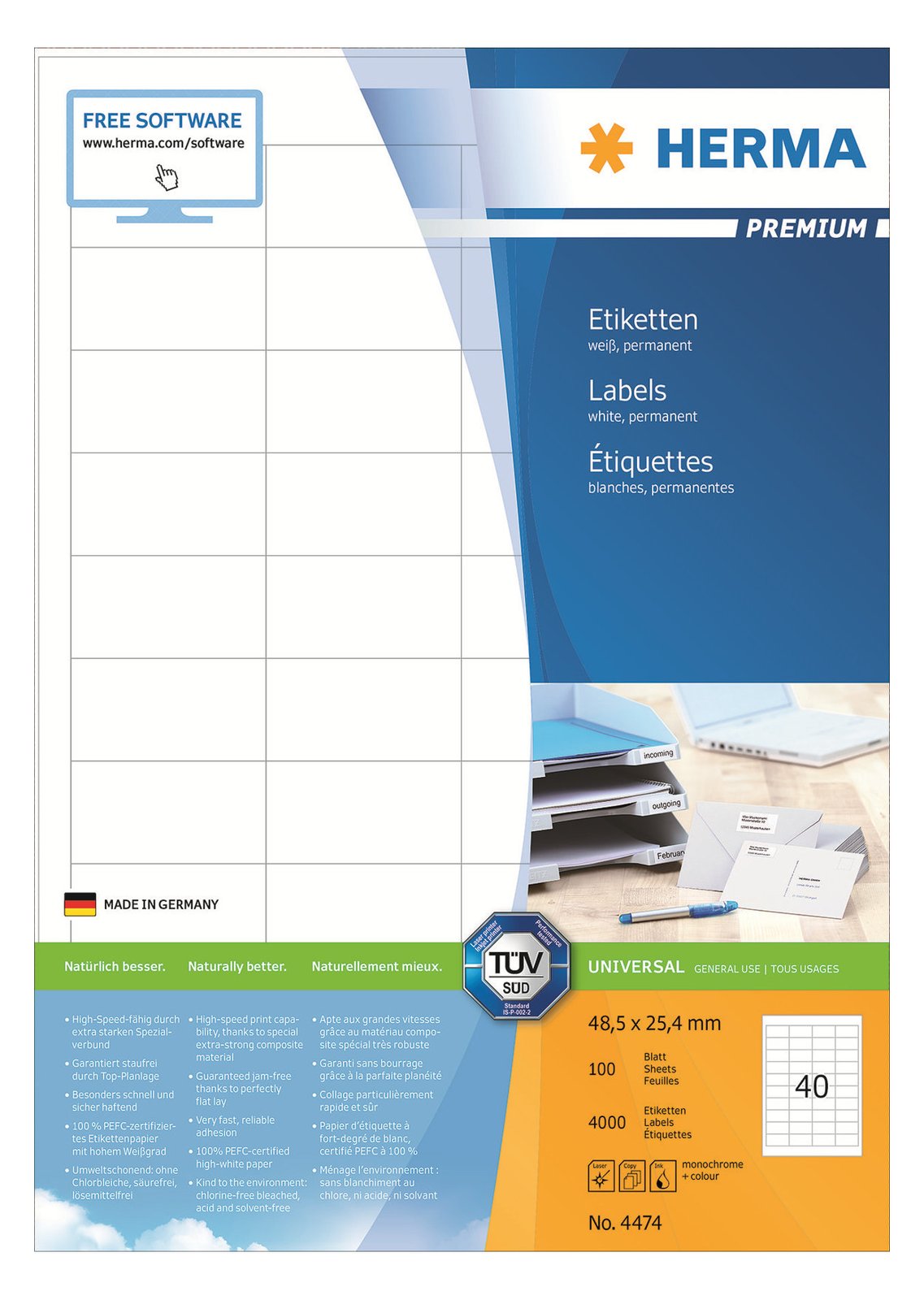 HERMA Premium - Papier - matt - permanent selbstklebend - weiß - 48.5 x 25.4 mm 4000 Etikett(en) (100 Bogen x 40)