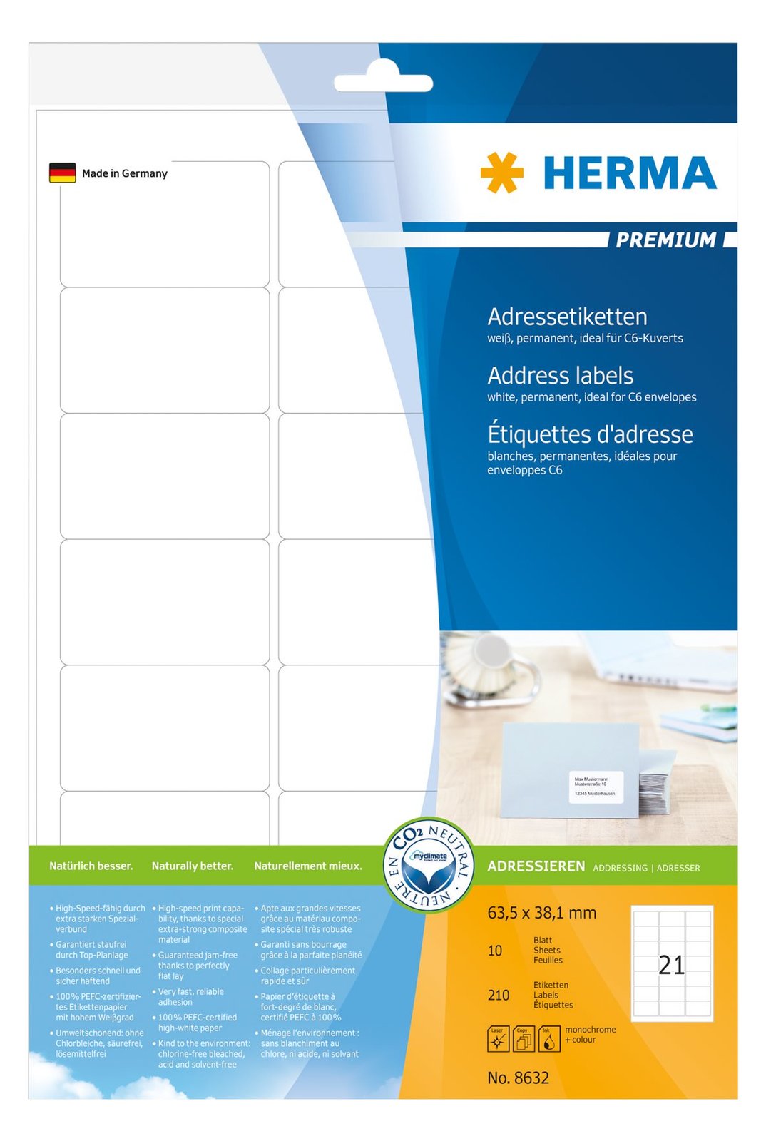 HERMA Premium - Papier - matt - permanent selbstklebend - weiß - 63.5 x 38.1 mm 210 Etikett(en) (10 Bogen x 21)