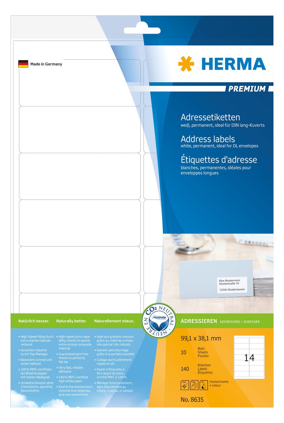 HERMA Premium - Papier - matt - permanent selbstklebend - weiß - 99.1 x 38.1 mm 140 Etikett(en) (10 Bogen x 14)