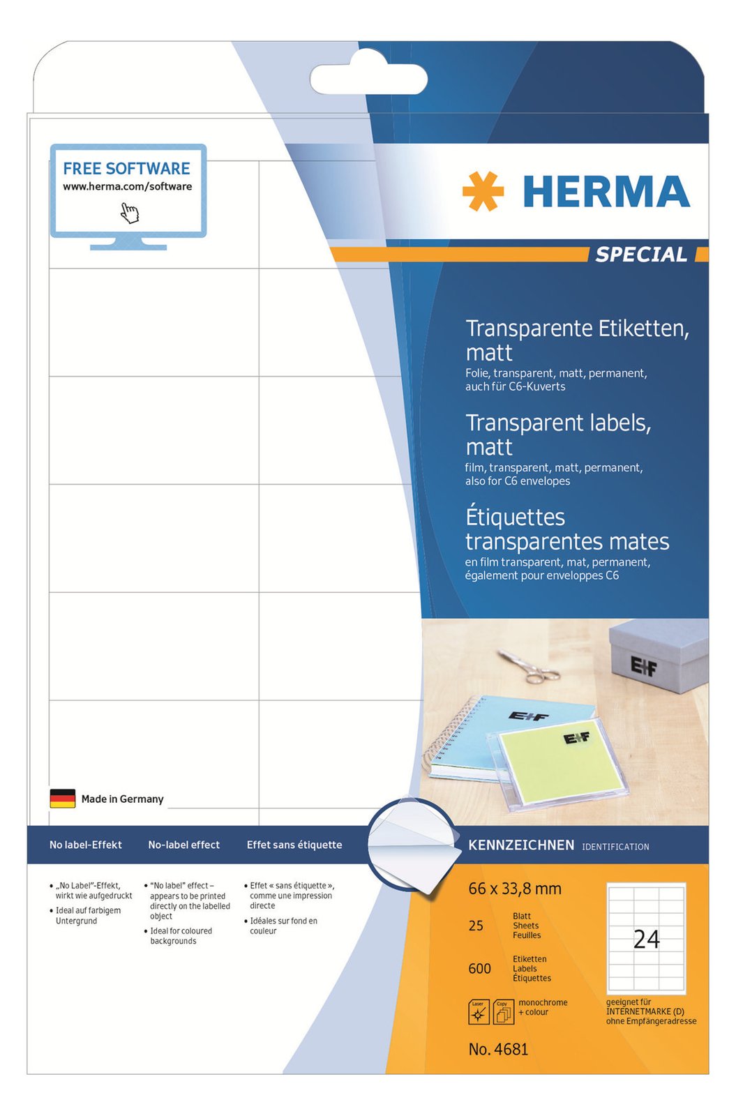 HERMA Special - Matt - permanent selbstklebend - durchsichtig - 66 x 33.8 mm 600 Etikett(en) (25 Bogen x 24)