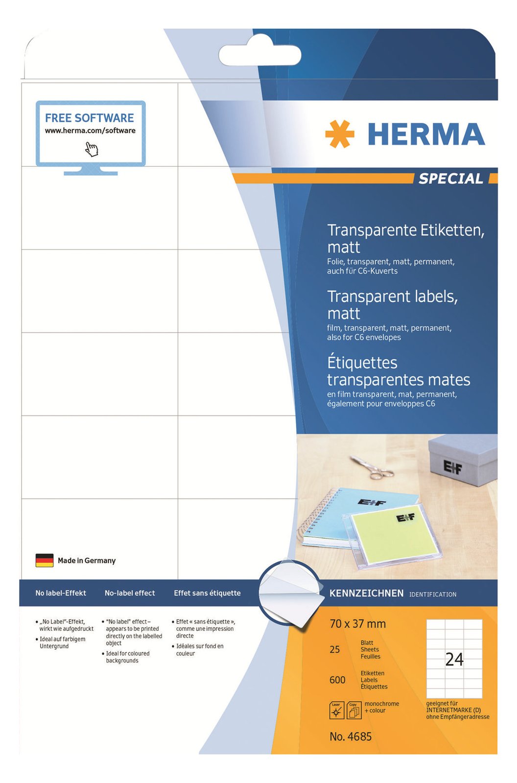 HERMA Special - Matt - permanent selbstklebend - durchsichtig - 70 x 37 mm 600 Etikett(en) (25 Bogen x 24)