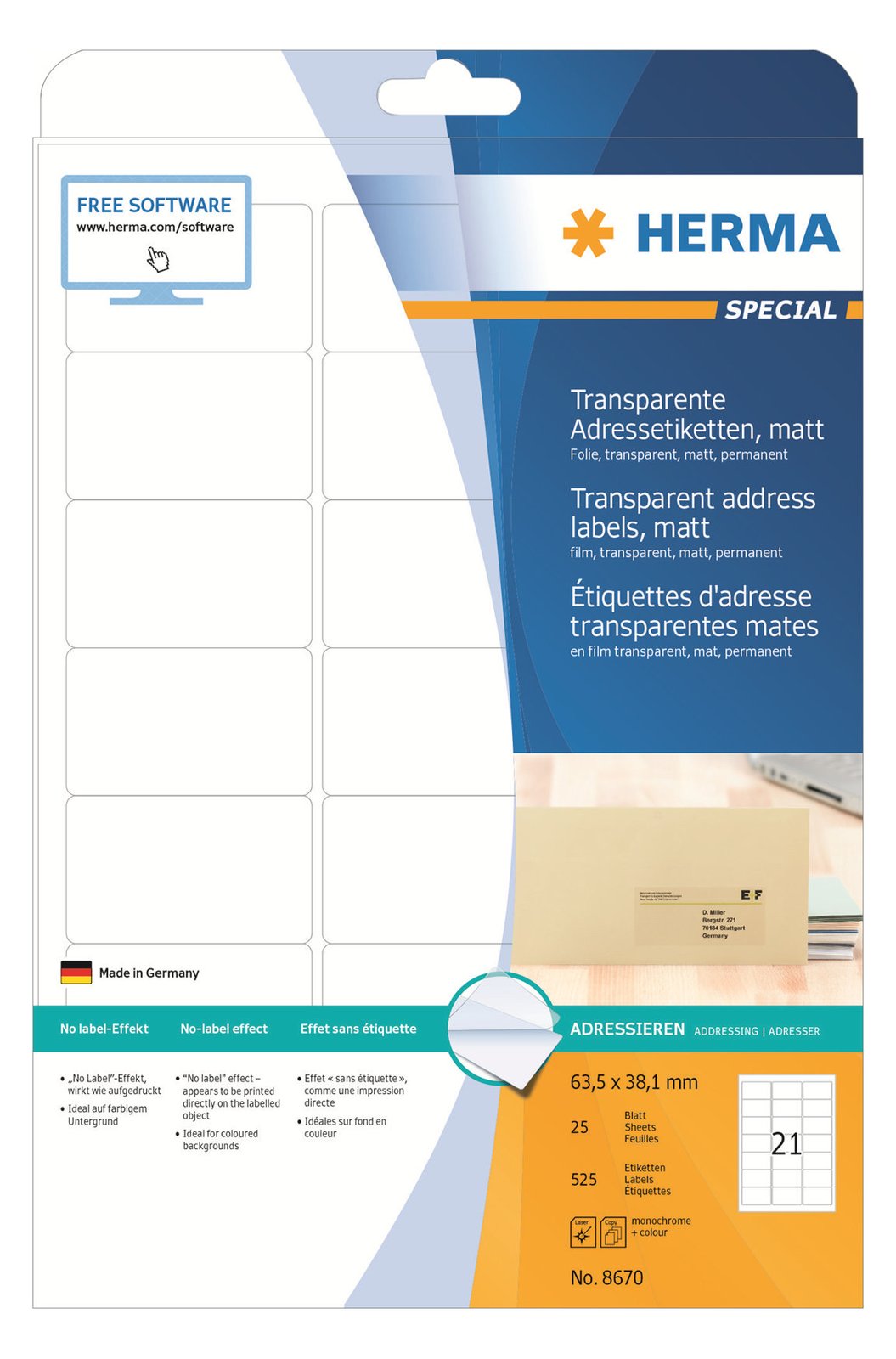 HERMA Special - Matt - selbstklebend - durchsichtig - 63.5 x 38.1 mm 525 Etikett(en) (25 Bogen x 21)