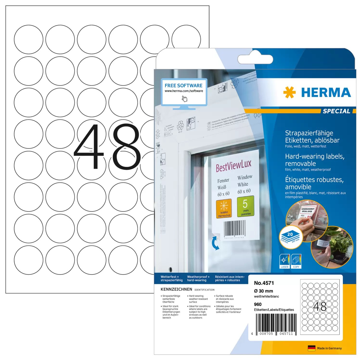 HERMA Special - Matt - selbstklebend, entfernbarer Klebstoff - weiß - 30 mm rund 960 Etikett(en) (20 Bogen x 48)
