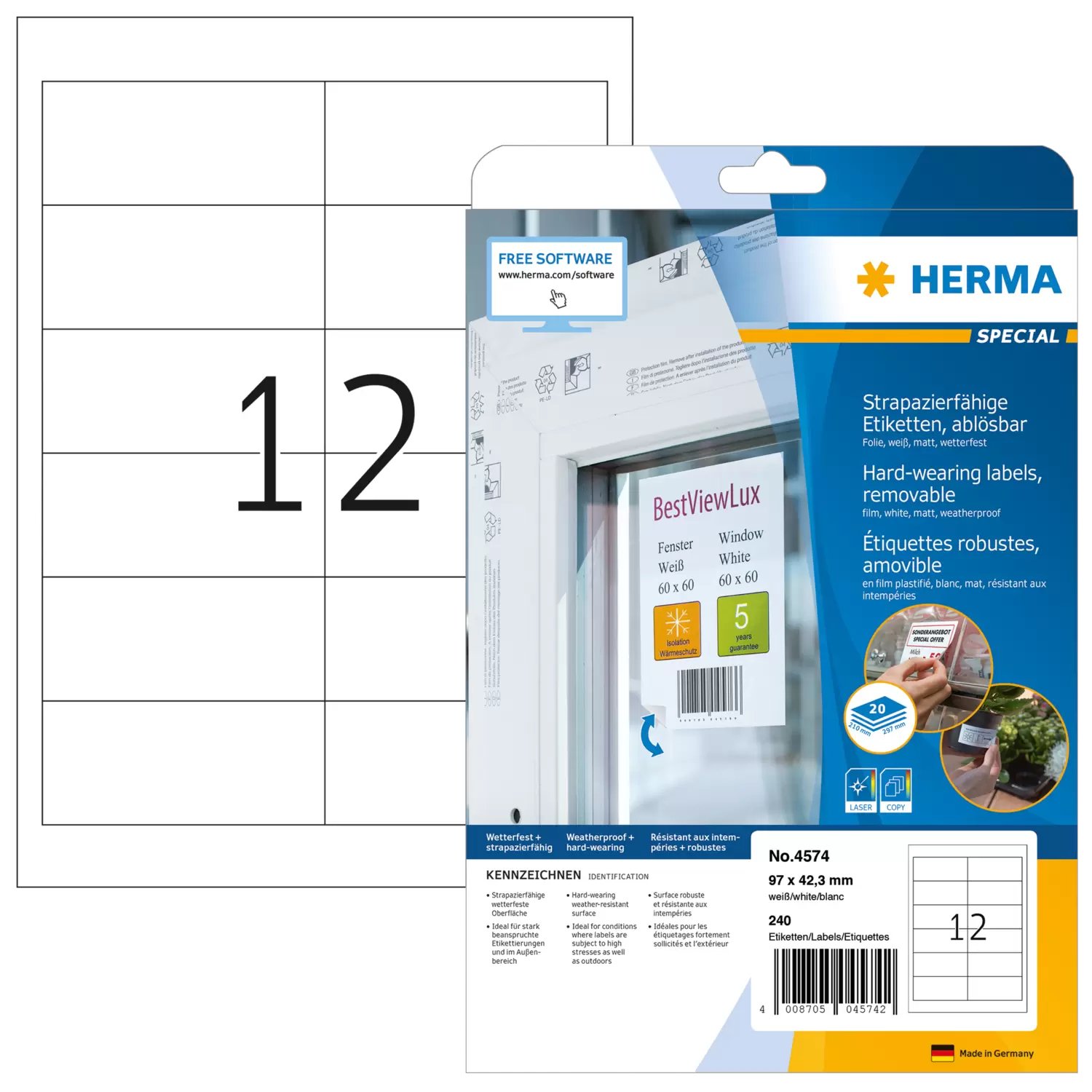 HERMA Special - Matt - selbstklebend, entfernbarer Klebstoff - weiß - 97 x 42.3 mm 240 Etikett(en) (20 Bogen x 12)