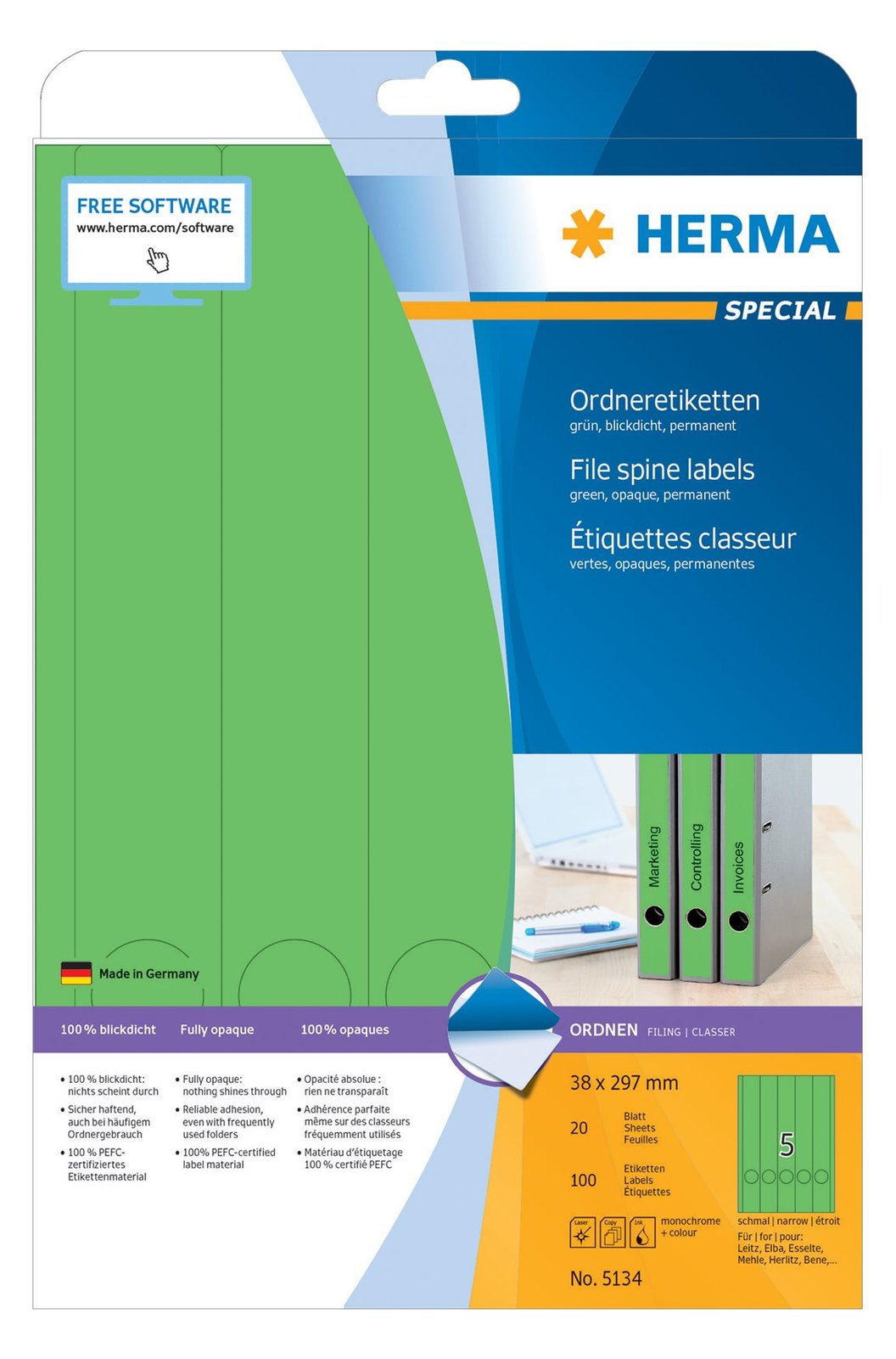 HERMA Special - Papier - matt - permanent selbstklebend - grün - 38 x 297 mm 100 Etikett(en) (20 Bogen x 5)