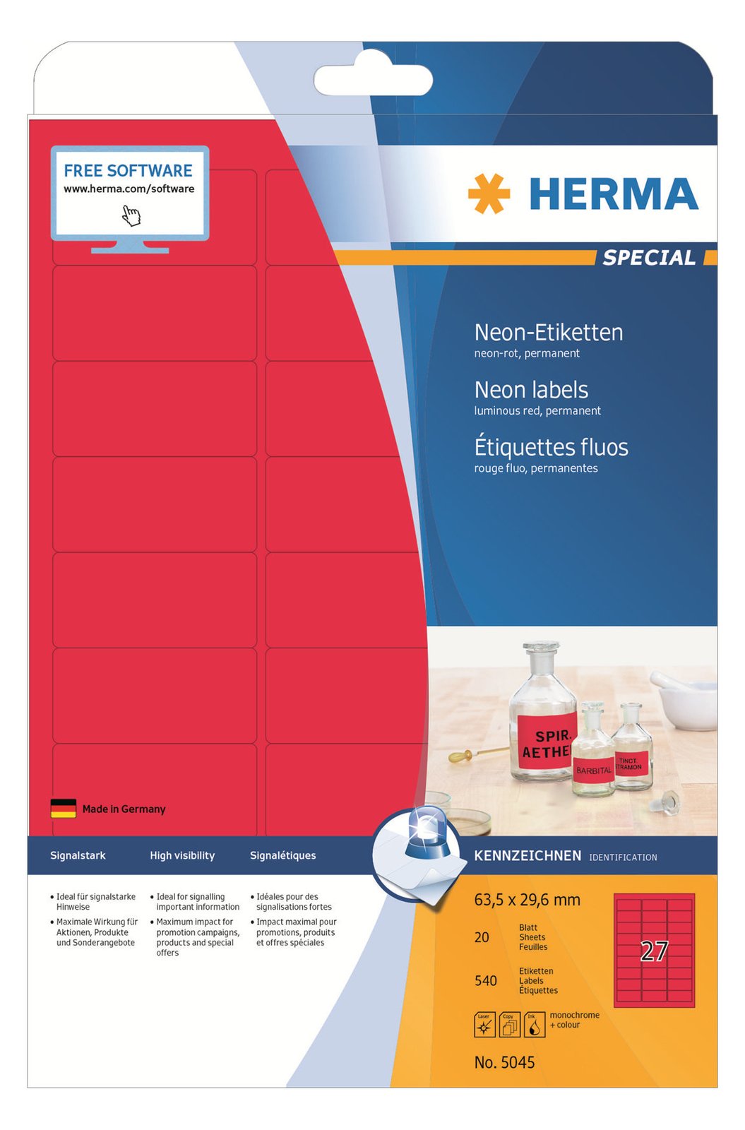 HERMA Special - Papier - matt - permanent selbstklebend - Luminous Red - 63.5 x 29.6 mm 540 Etikett(en) (20 Bogen x 27)