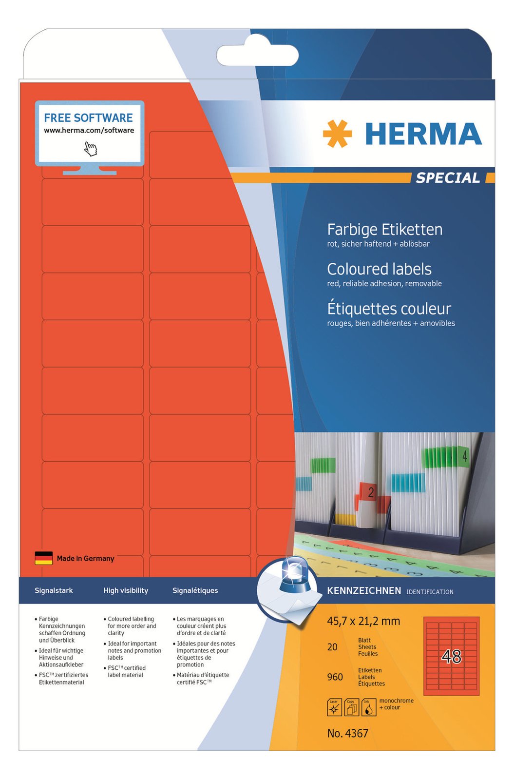 HERMA Special - Papier - matt - permanent selbstklebend - Rot - 45.7 x 21.2 mm 960 Etikett(en) (20 Bogen x 48)