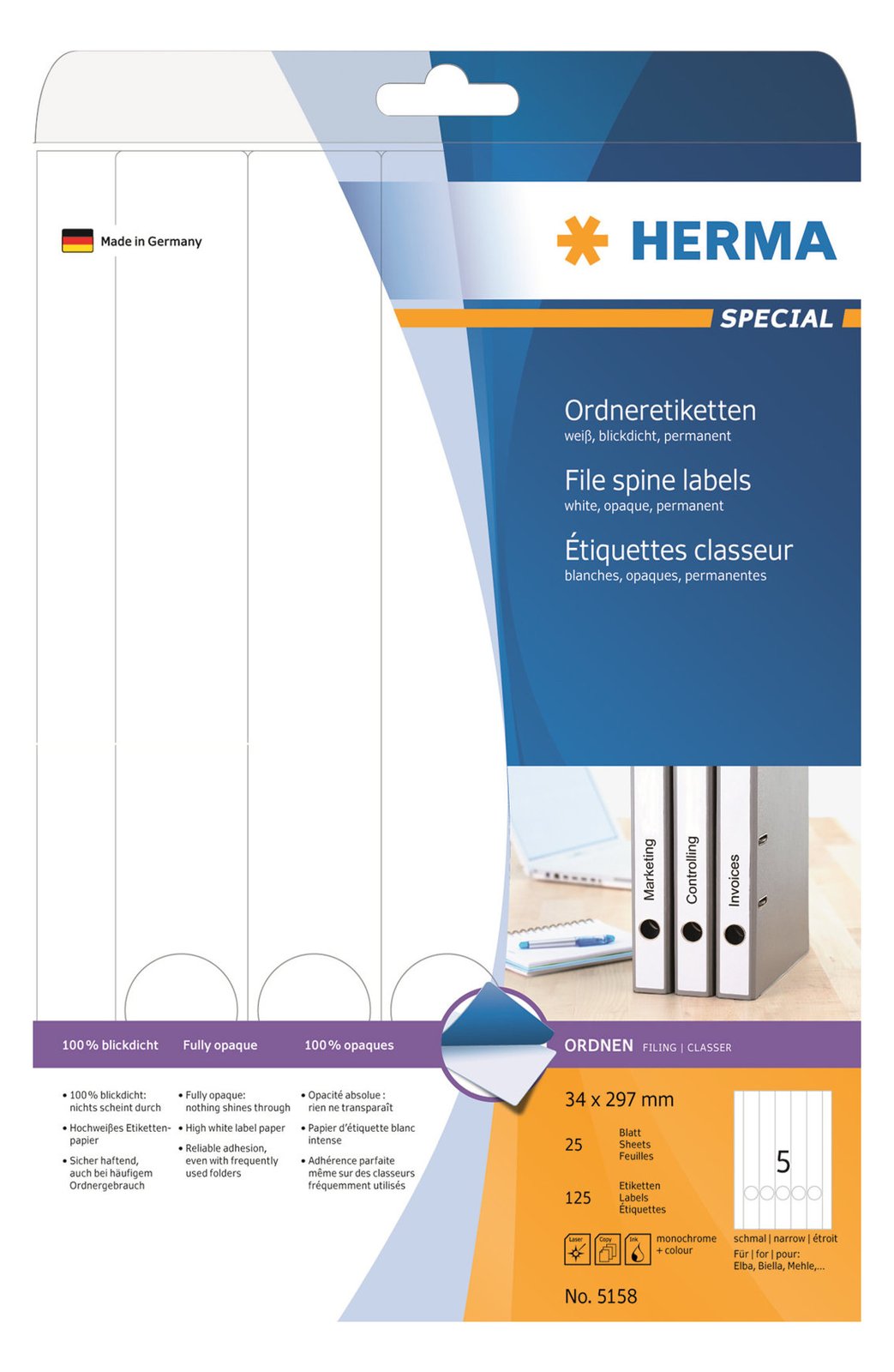 HERMA Special - Papier - matt - permanent selbstklebend - weiß - 34 x 297 mm 125 Etikett(en) (25 Bogen x 5)