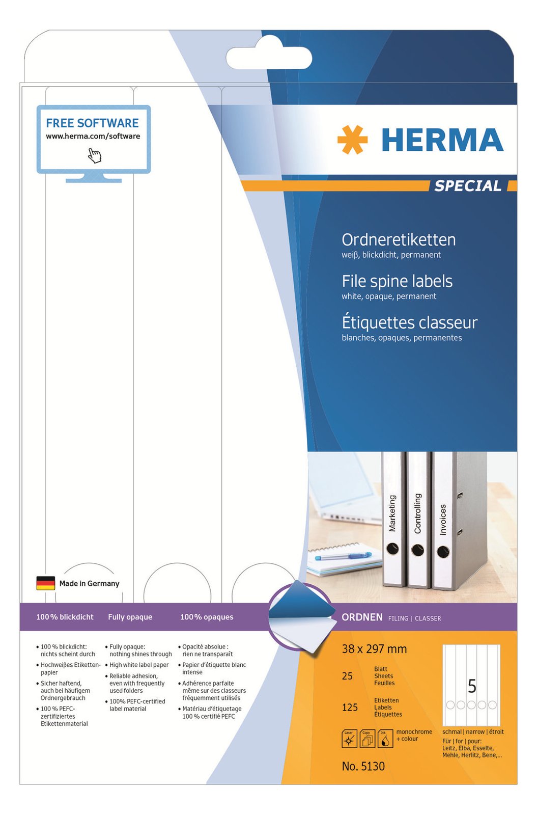 HERMA Special - Papier - matt - permanent selbstklebend - weiß - 38 x 297 mm 125 Etikett(en) (25 Bogen x 5)