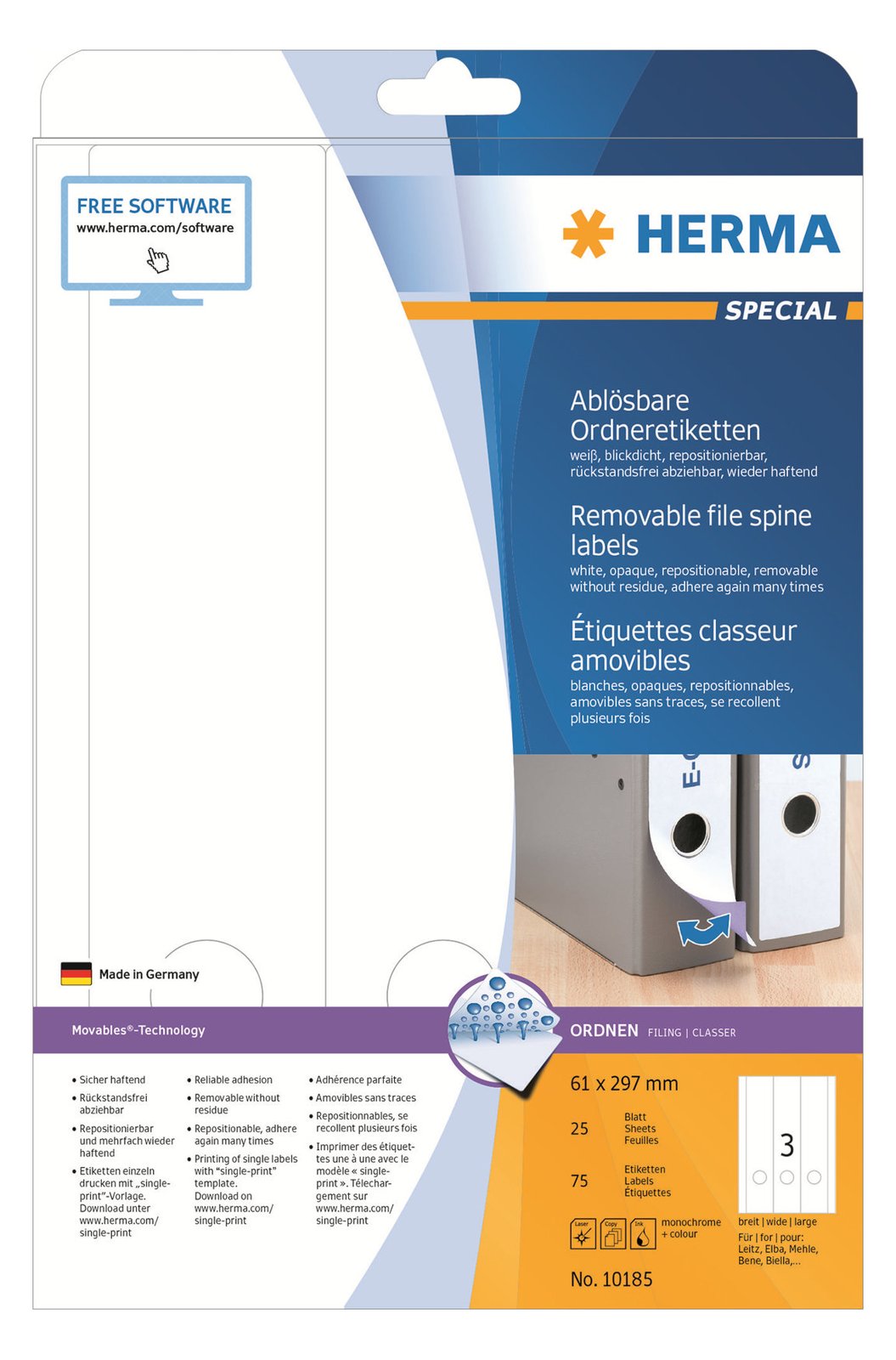 HERMA Special - Papier - matt - selbstklebend, entfernbarer Klebstoff - weiß - 61 x 297 mm 75 Etikett(en) (25 Bogen x 3)