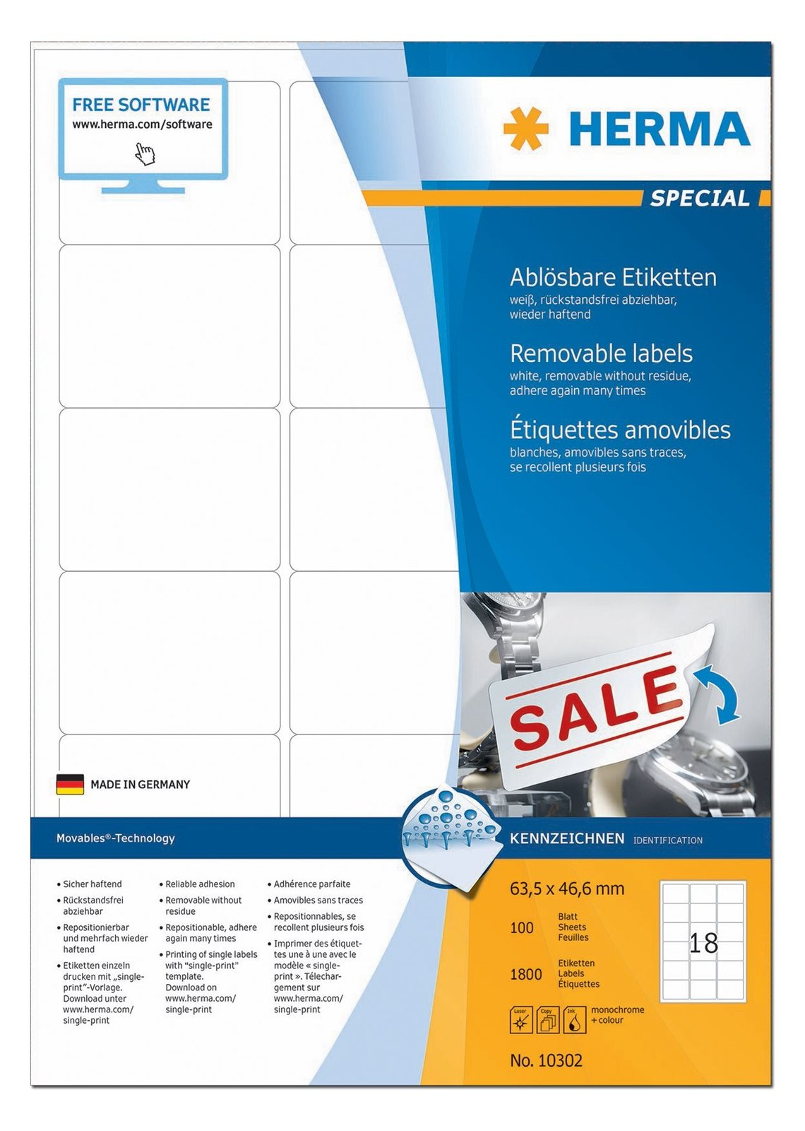 HERMA Special - Papier - matt - selbstklebend, entfernbarer Klebstoff - weiß - 63.5 x 46.6 mm 1800 Etikett(en)