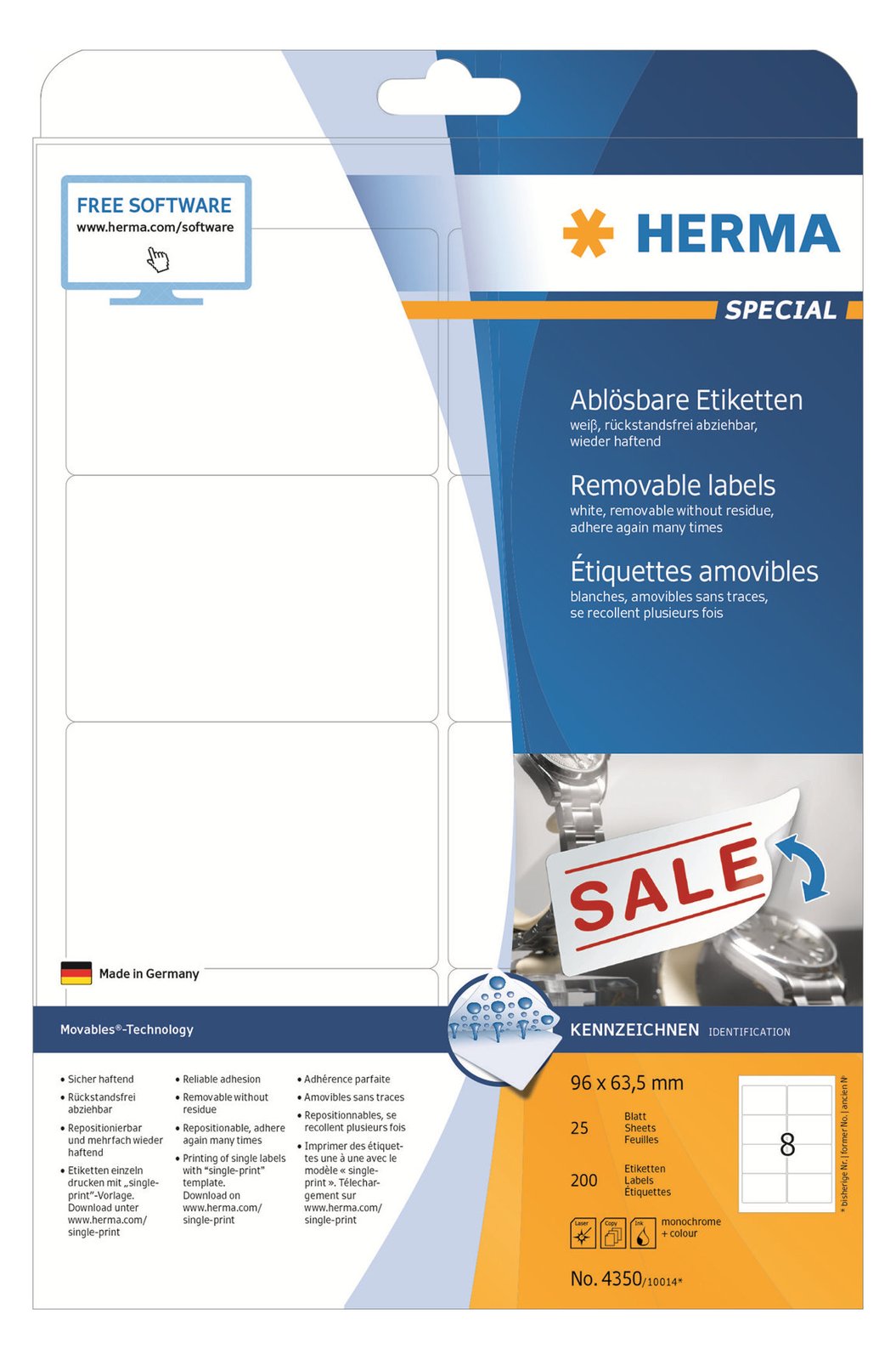 HERMA Special - Papier - matt - selbstklebend, entfernbarer Klebstoff - weiß - 96 x 63.5 mm 200 Etiketten (25 Bogen x 8)