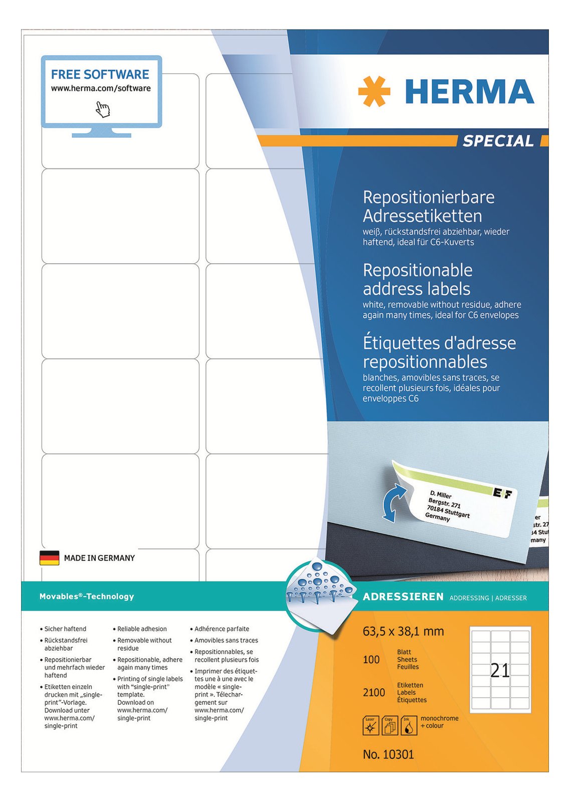 HERMA Special - Papier - matt - selbstklebend, neu positionierbar - weiß - 63.5 x 38.1 mm 2100 Etikett(en)