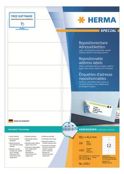 HERMA Special - Papier - matt - selbstklebend, neu positionierbar - weiß - 99.1 x 42.3 mm 1200 Etikett(en) von LumaTech