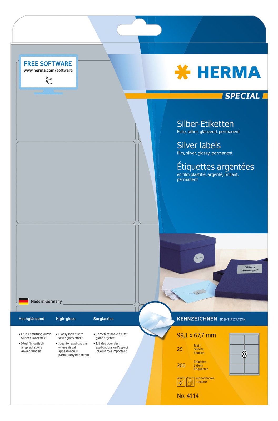 HERMA Special - Polyester - glänzend - permanent selbstklebend - Silber - 99.1 x 67.7 mm 200 Etikett(en) (25 Bogen x 8)