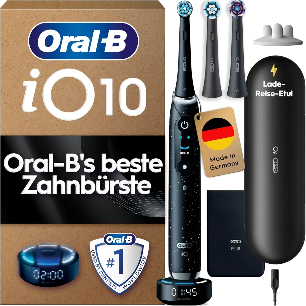 Oral-B iO Series 10 Elektrische Zahnbürste — Electric Toothbrush, Inkl. 3 Aufsteckbürsten, iOSense, Lade-Reise-Etui — 7 Putzmodi für Zahnpflege, Zahnbürste Elektrisch, Designed by Braun, Schwarz