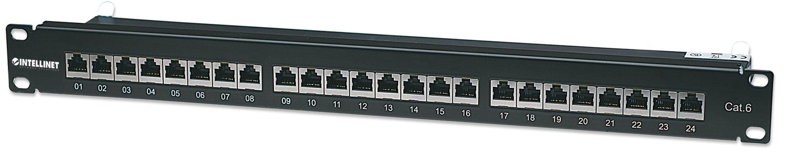 Intellinet 24-Port Cat6 Patchpanel, geschirmt, 24 Ports, FTP, 1 HE, Klemmleisten 90 Grad abgewinkelte Kabeleinführung