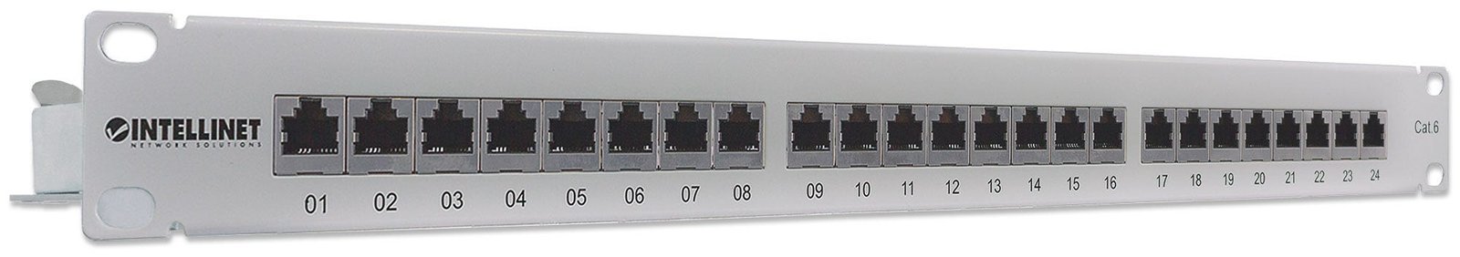 Intellinet 24-Port Cat6 Patchpanel, geschirmt, FTP, 1 HE, Klemmleisten mit 90 Grad abgewinkelten Kabeleinführungen