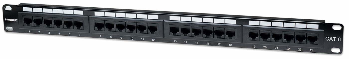 Intellinet 24-Port Cat6 Patchpanel, UTP, 1 HE - Patch Panel - CAT 6 - UTP - RJ-45 X 24 - Schwarz - 1U - 48.3 cm (19)