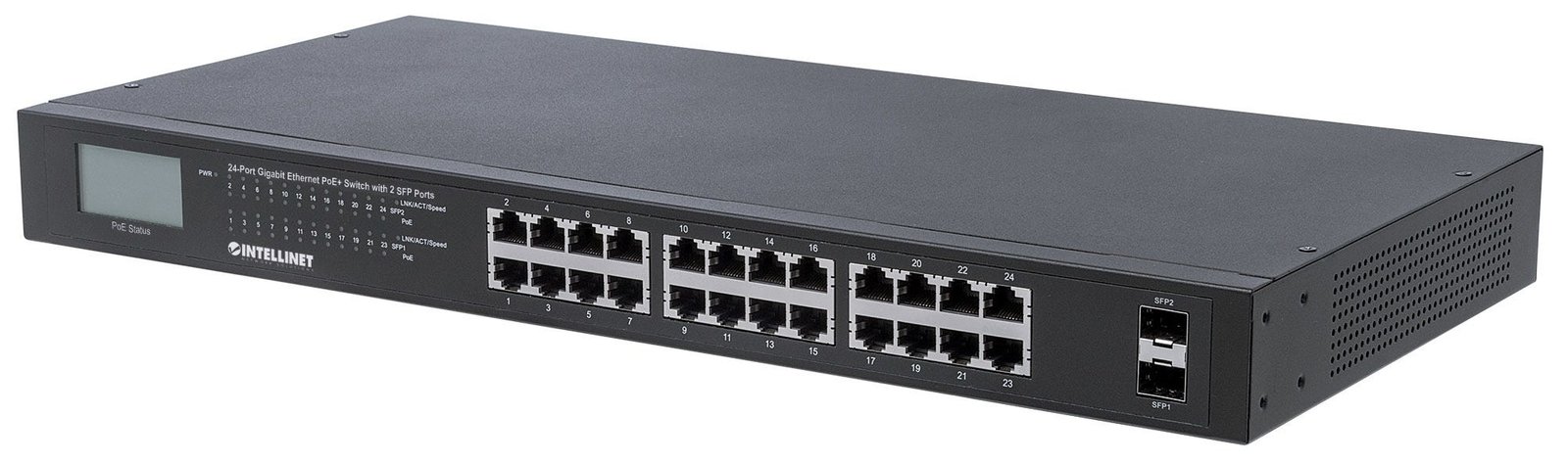 Intellinet 24-Port Gigabit Ethernet PoE+ Switch with 2 SFP Ports, LCD Display, IEEE 802.3at/af Power over Ethernet