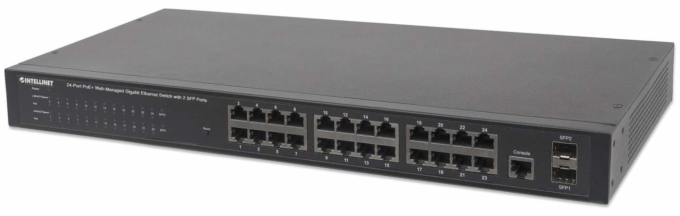 Intellinet 24-Port Gigabit Ethernet PoE+ Web-Managed Switch with 2 SFP Ports, 24 x PoE ports, IEEE 802.3at