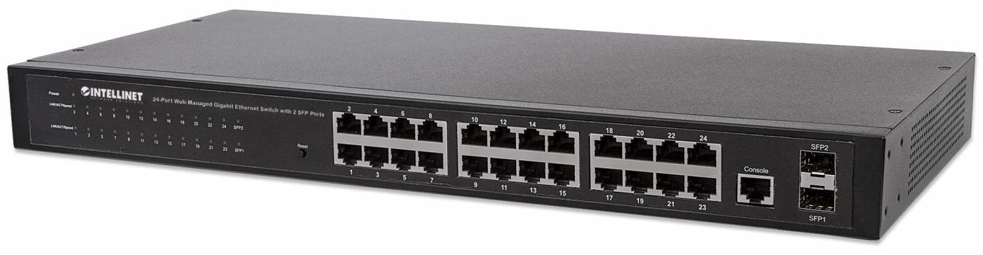 Intellinet 24-Port Web-Managed Gigabit Ethernet Switch mit 2 SFP-Ports, 24 x 10/100/1000 Mbit/s RJ45 Ports + 2 x SFP