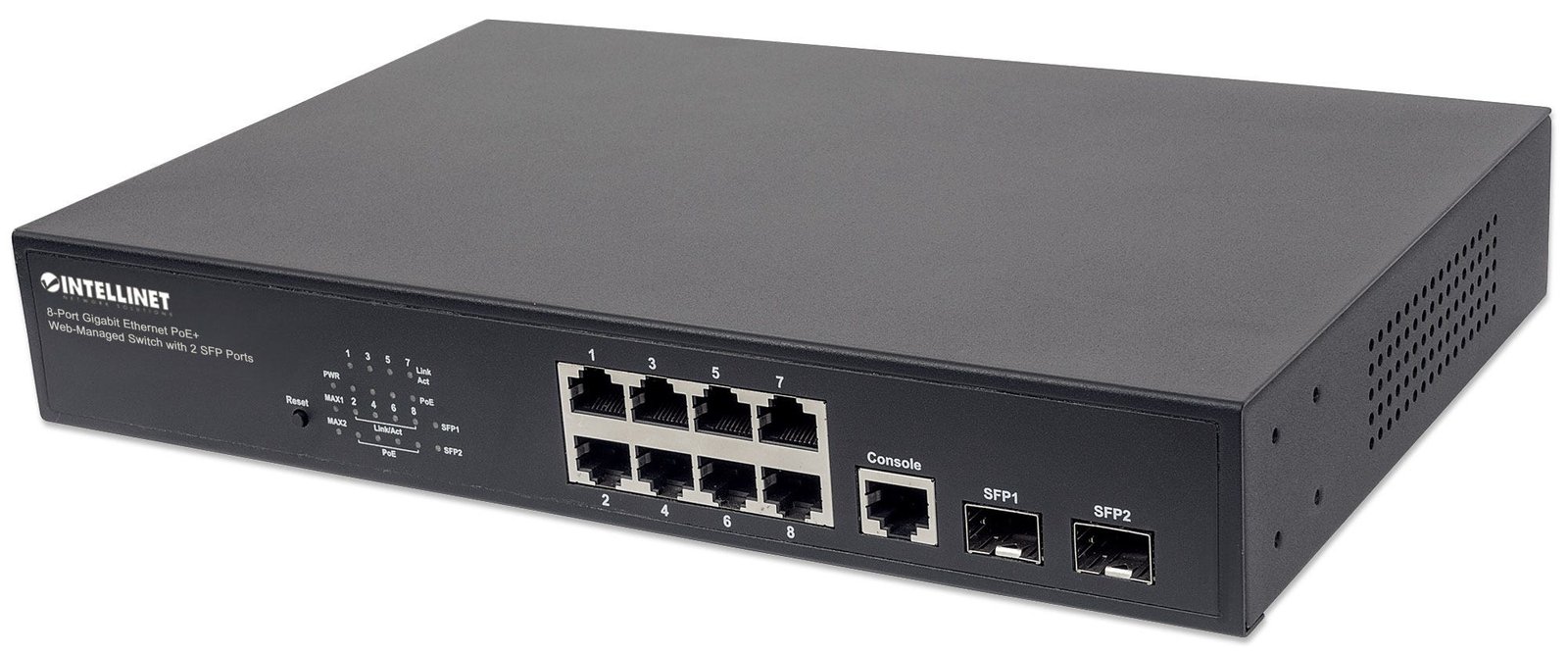 Intellinet 8-Port Gigabit Ethernet Web-Managed PoE+ Switch mit 2 SFP-Ports, 8 x PoE-Ports, IEEE 802.3at/af