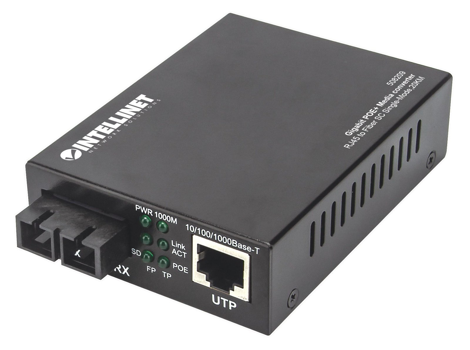 Intellinet Gigabit PoE+ Media Converter, 1000Base-T RJ45 Port to 1000Base-LX (SC)