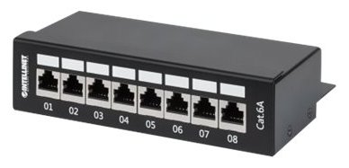 Intellinet Patch Panel, Cat6a, FTP, 8-Port, Desktop, Shielded, 90° Top-Entry Punch Down Blocks, Black