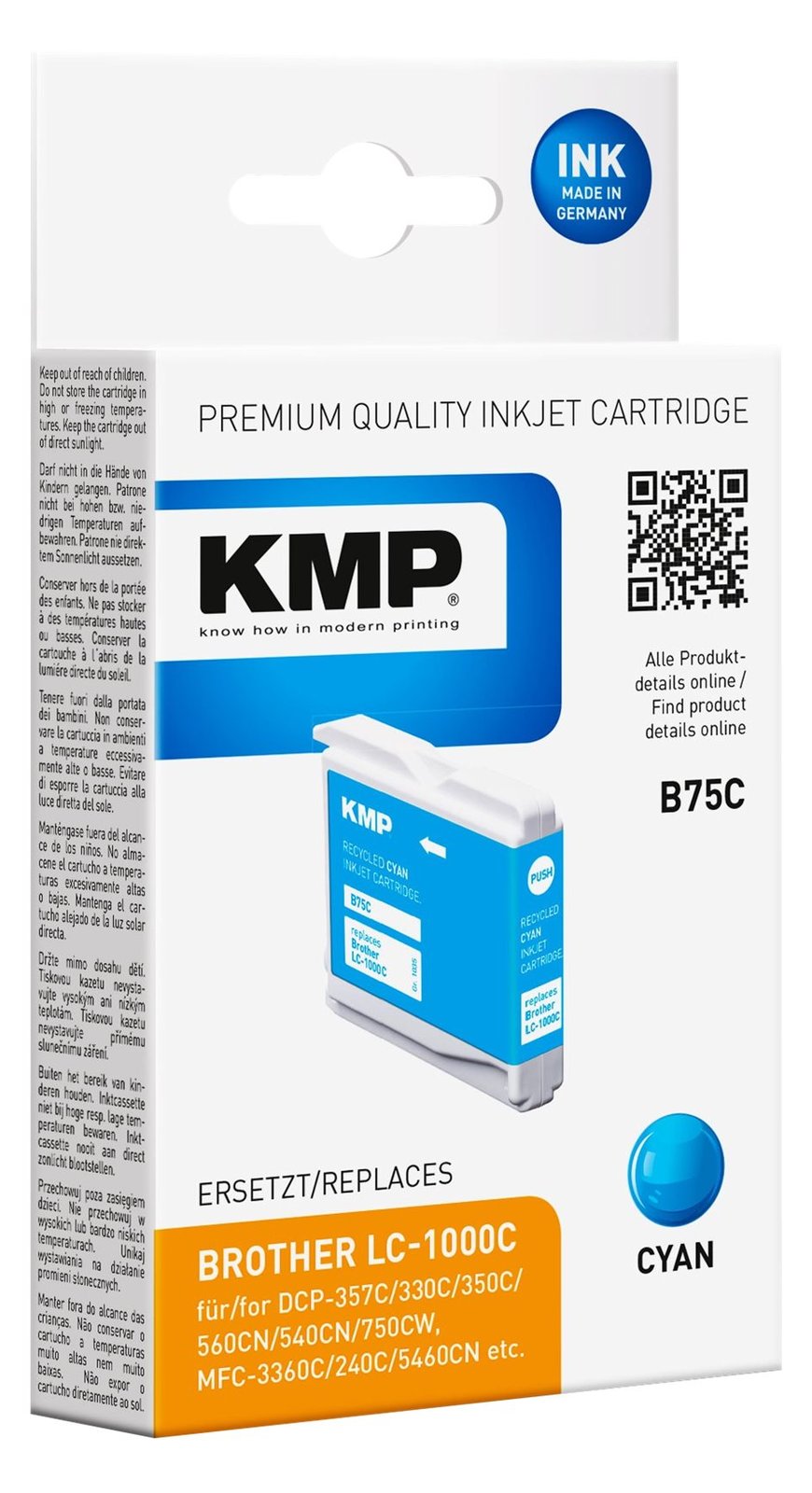 KMP B75C - 5.6 ml - Cyan - kompatibel - Tintenpatrone (Alternative zu: Brother LC1000C)
