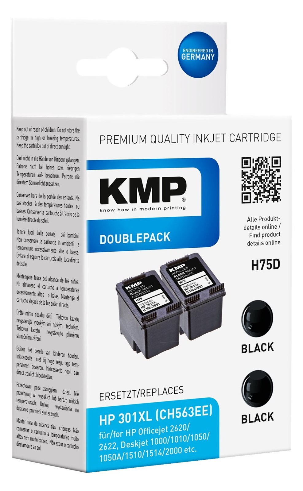 KMP DOUBLEPACK H75D - 2er-Pack - 8 ml - XL - Schwarz - kompatibel - Tintenpatrone (Alternative zu: HP 301XL, HP CH563EE)
