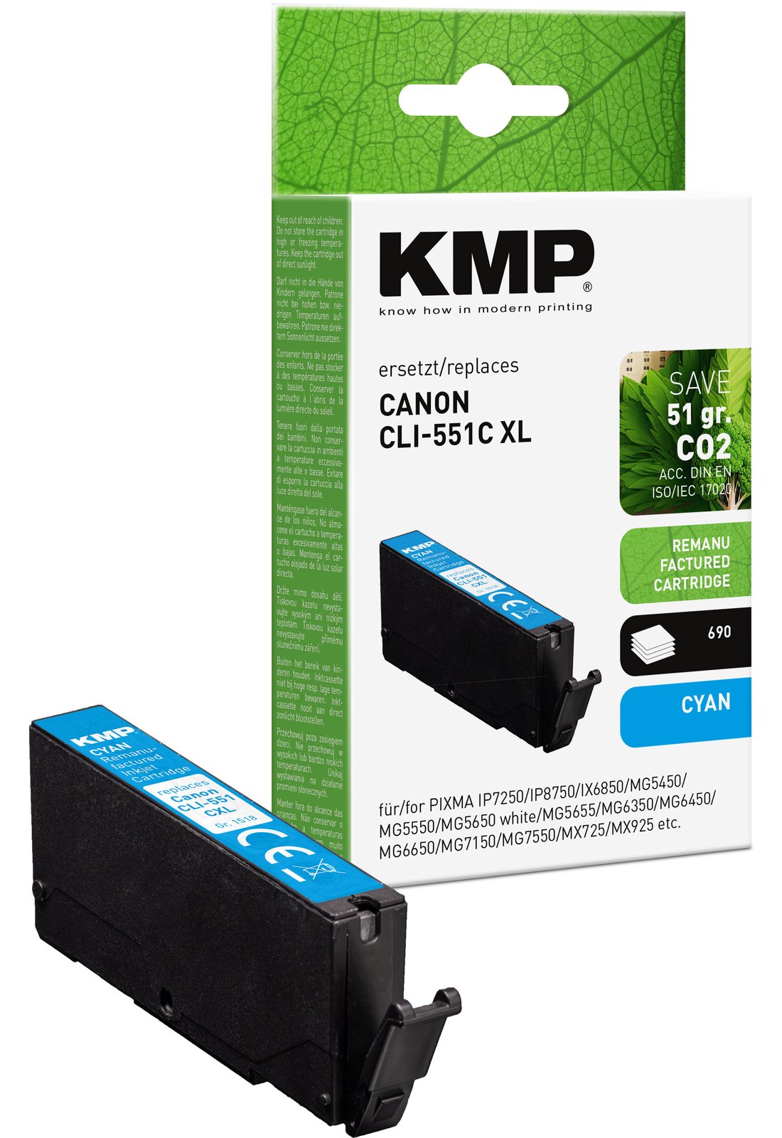 KMP Tinte cyan ersetzt Canon CLI-551 C XL 6444B001 - Wiederaufbereitet - Kompatibel