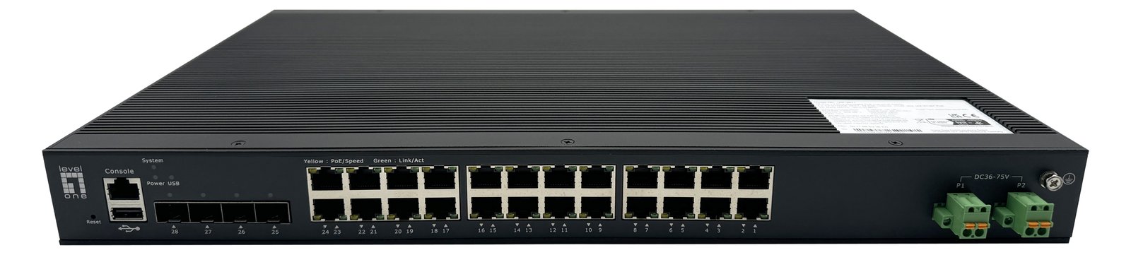 LevelOne L2+ Managed PoE Industrial Switch 4 x 1/2.5/10GbE SFP+ 24 PoE... - Switch - 1 Gbps