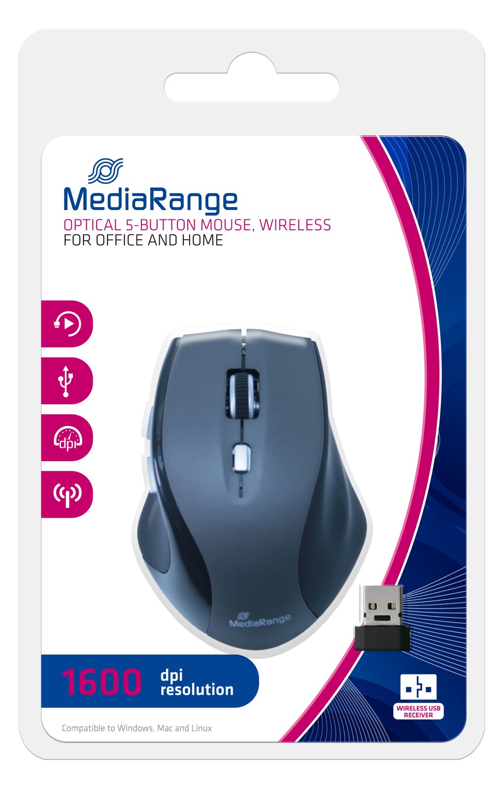 MEDIARANGE Maus - optisch - 5 Tasten - kabellos - kabelloser Empfänger (USB)