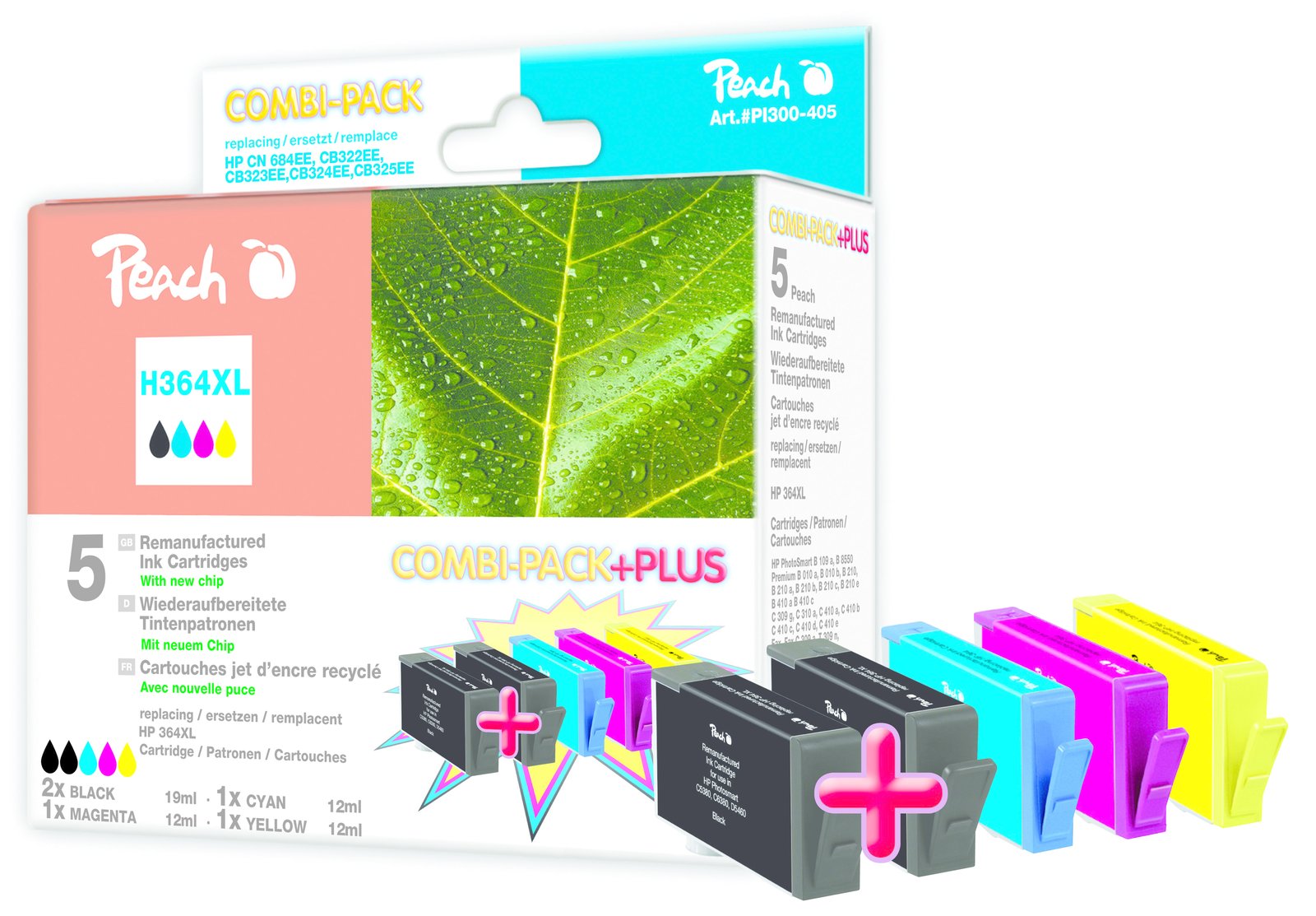 Peach Spar Pack Plus - 5er-Pack - Größe XL - Schwarz, Gelb, Cyan, Magenta - Tintenpatrone (Alternative zu: HP 364XL)