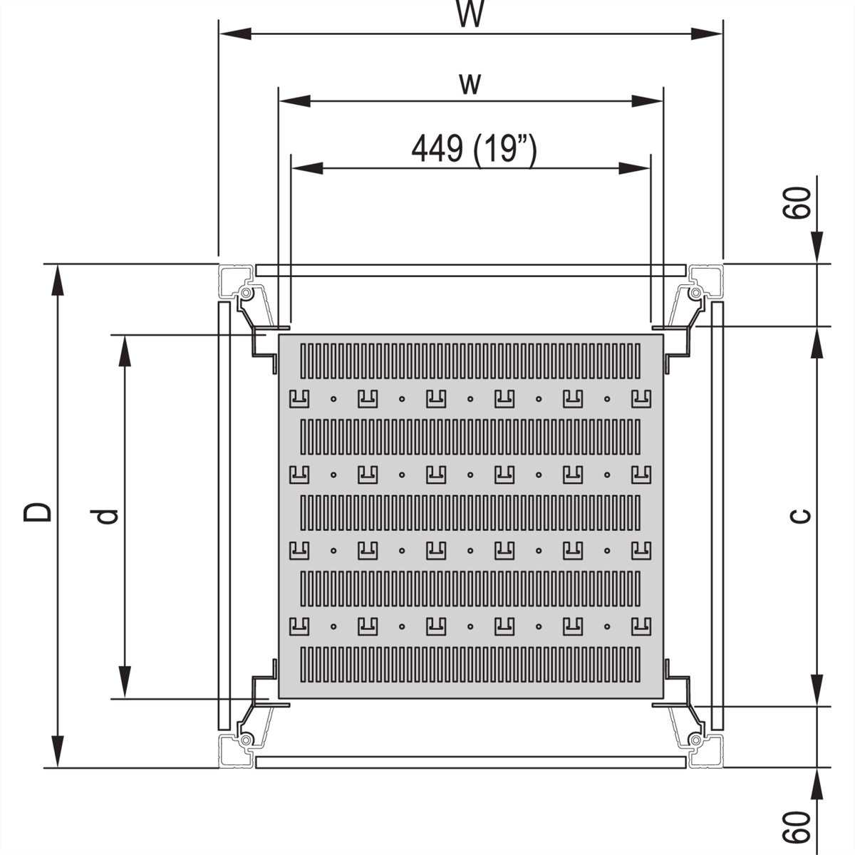 SCHROFF 19-Fachboden, stationär, 75 kg - 19FACHB.STAT.600B 900T 7021 (22117844) - SCHROFF 19-Fachboden - stationär