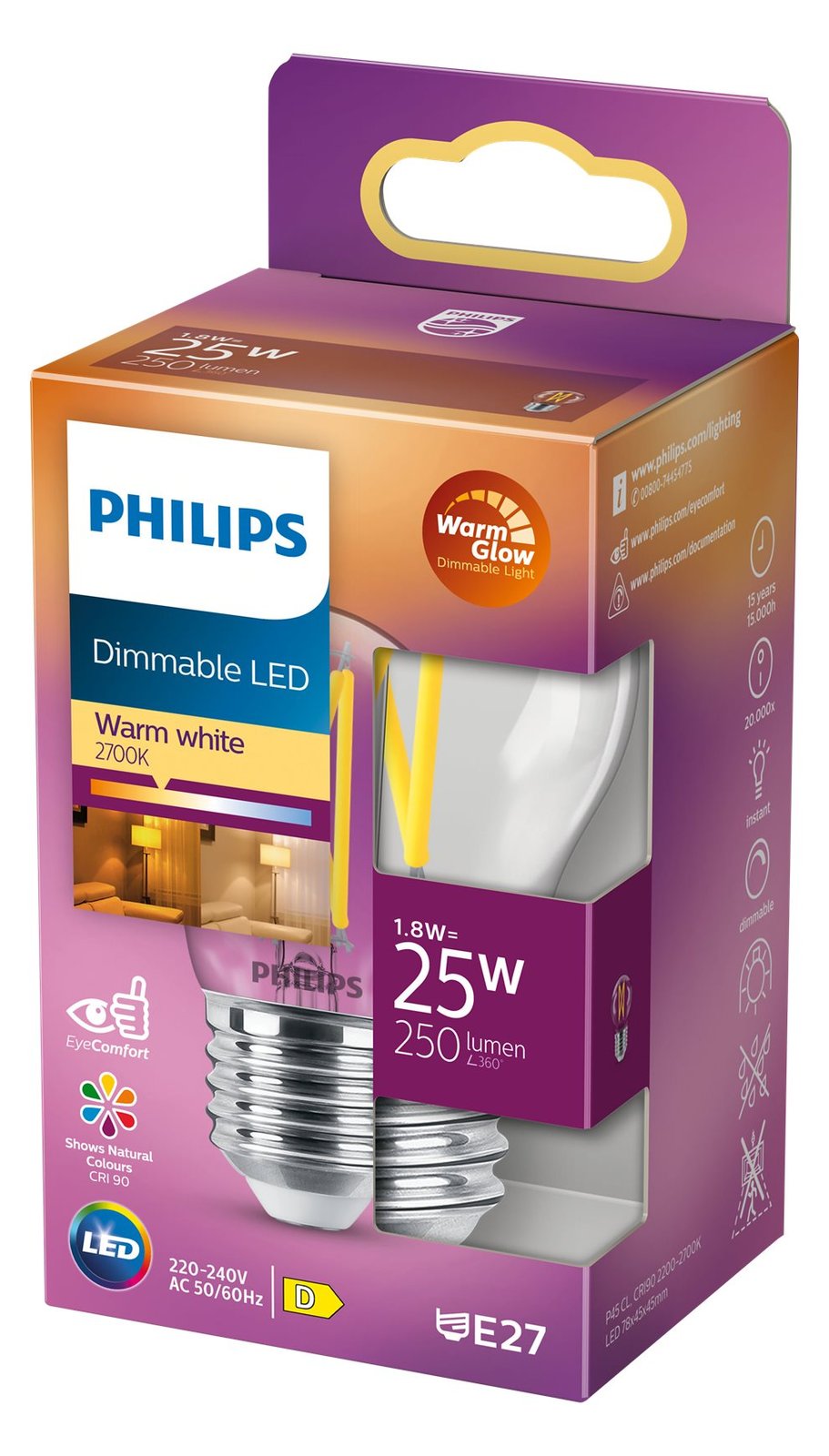 Signify Philips - Glühbirne mit LED-Filament - Form: P45 - klar Finish - E27 - 1.8 W (Entsprechung 25 W)