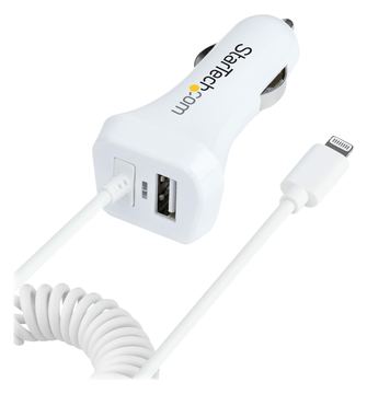 StarTech.com Lightning Car Charger with 1m Coiled Lightning Cable, 12W, White, 2 Port USB Car Charger Adapter von LumaTech