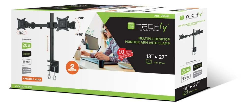 Techly Befestigungskit (Spannbefestigung für Tisch, Befestigungsarm für Dual-Bildschirm) für 2 LCD-Displays - Schwarz, Ansicht 3