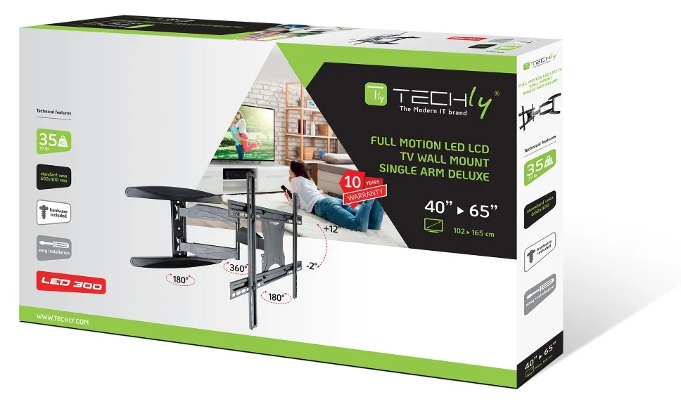 Techly Befestigungskit (voll bewegliche Wandhalterung) - für Flachbildschirm - Schwarz - Bildschirmgröße: 102-165 cm, Ansicht 3