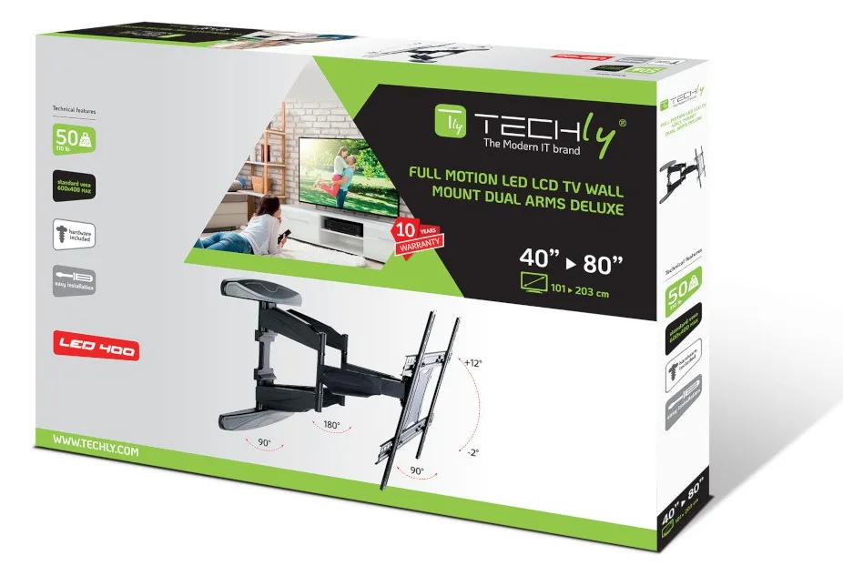 Techly Befestigungskit (voll bewegliche Wandhalterung) - für Flachbildschirm - Schwarz - Bildschirmgröße: 102-203 cm, Ansicht 3
