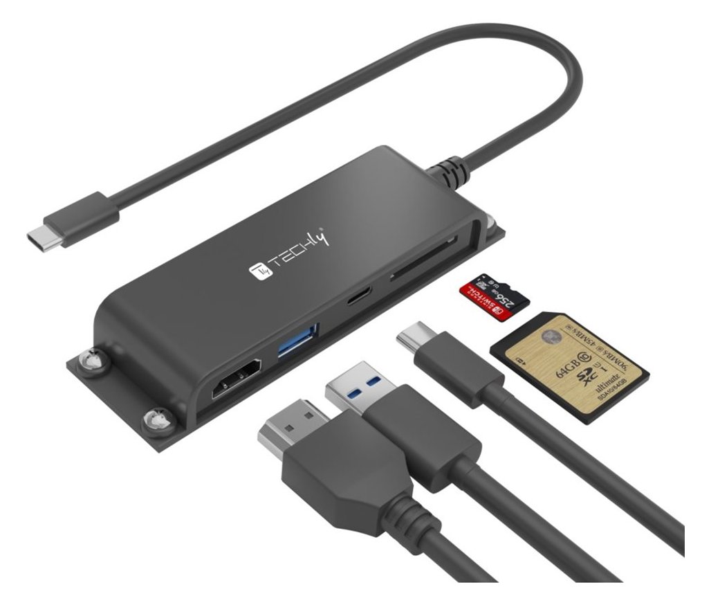 Techly Docking Station 5 in 1 USB-C HDMI Hub mit Micro SD/SD Reader