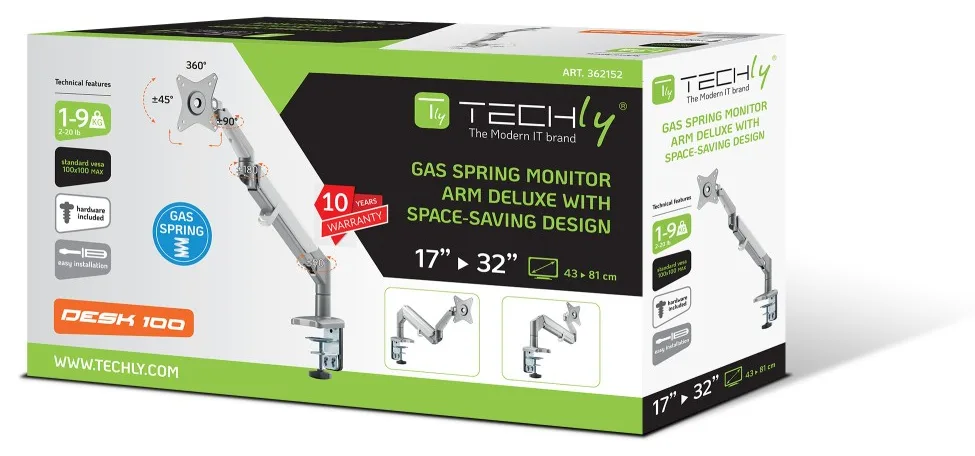 Techly ICA-LCD 441 - Klemme - 9 kg - 43,2 cm (17) - 81,3 cm (32) - 100 x 100 mm - Grau, Ansicht 3
